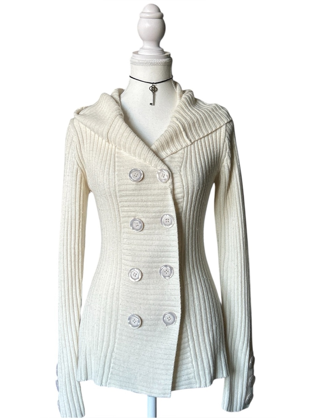 Y2K Coquette “Mariposa” Basic Cream Knit Button-up Sweater with Hood